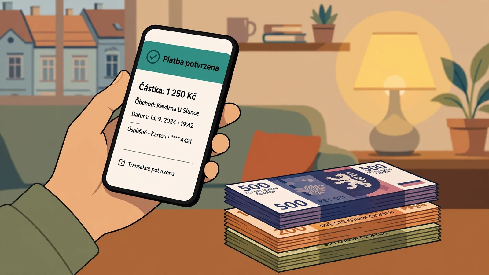 Ruka drží smartphone s potvrzením platby, české koruny v pozadí.