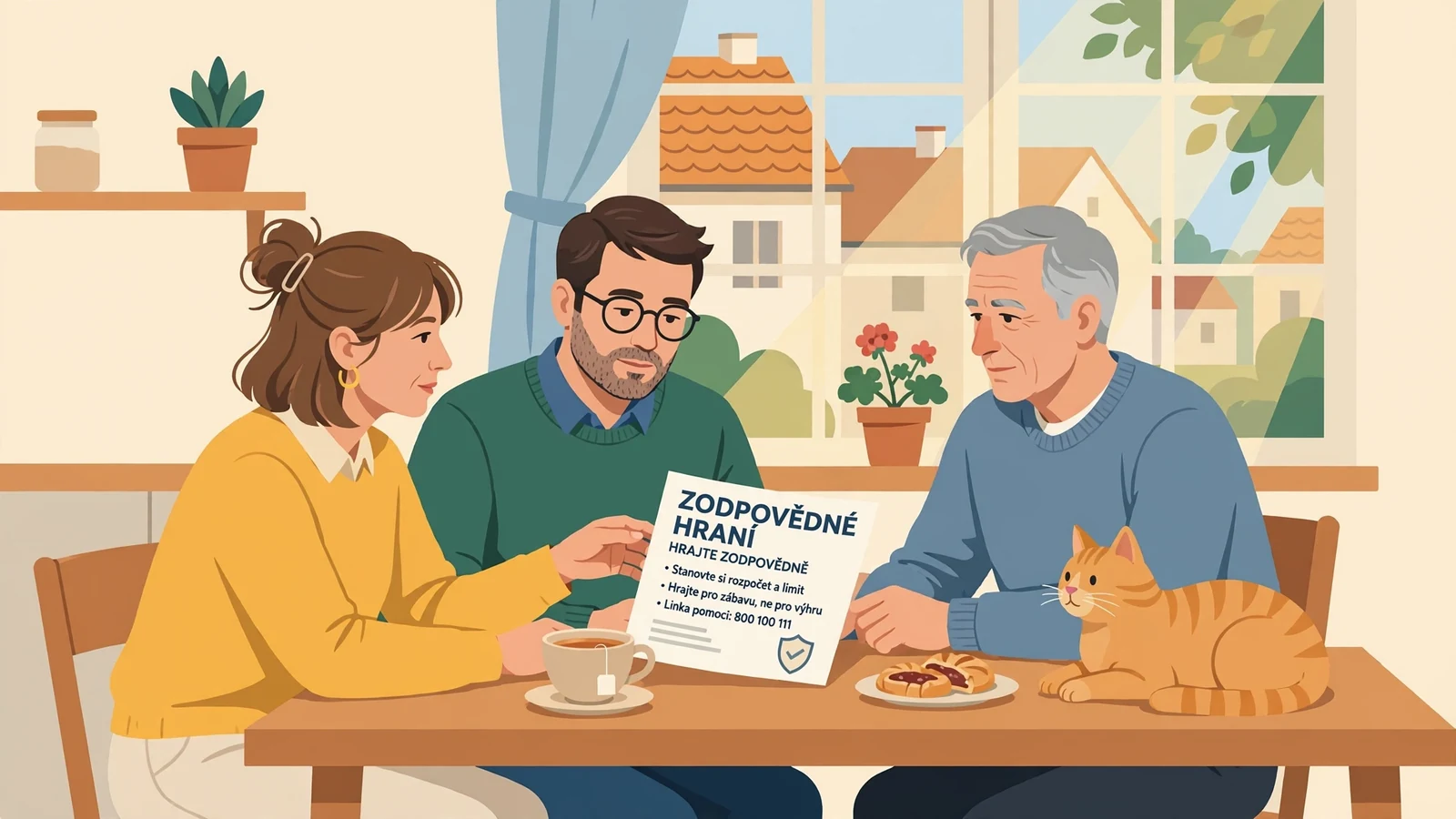 Rodina diskutuje o brožuře zodpovědného hazardu v kuchyni.