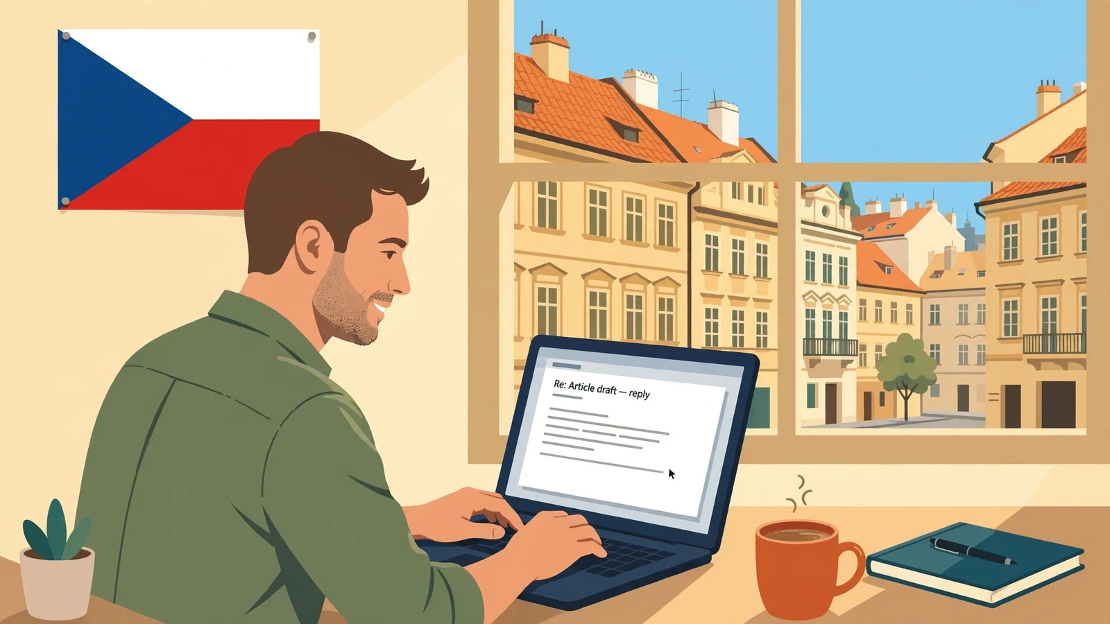 Redakční pracovník odpovídá na e‑mail v kanceláři s pražským výhledem