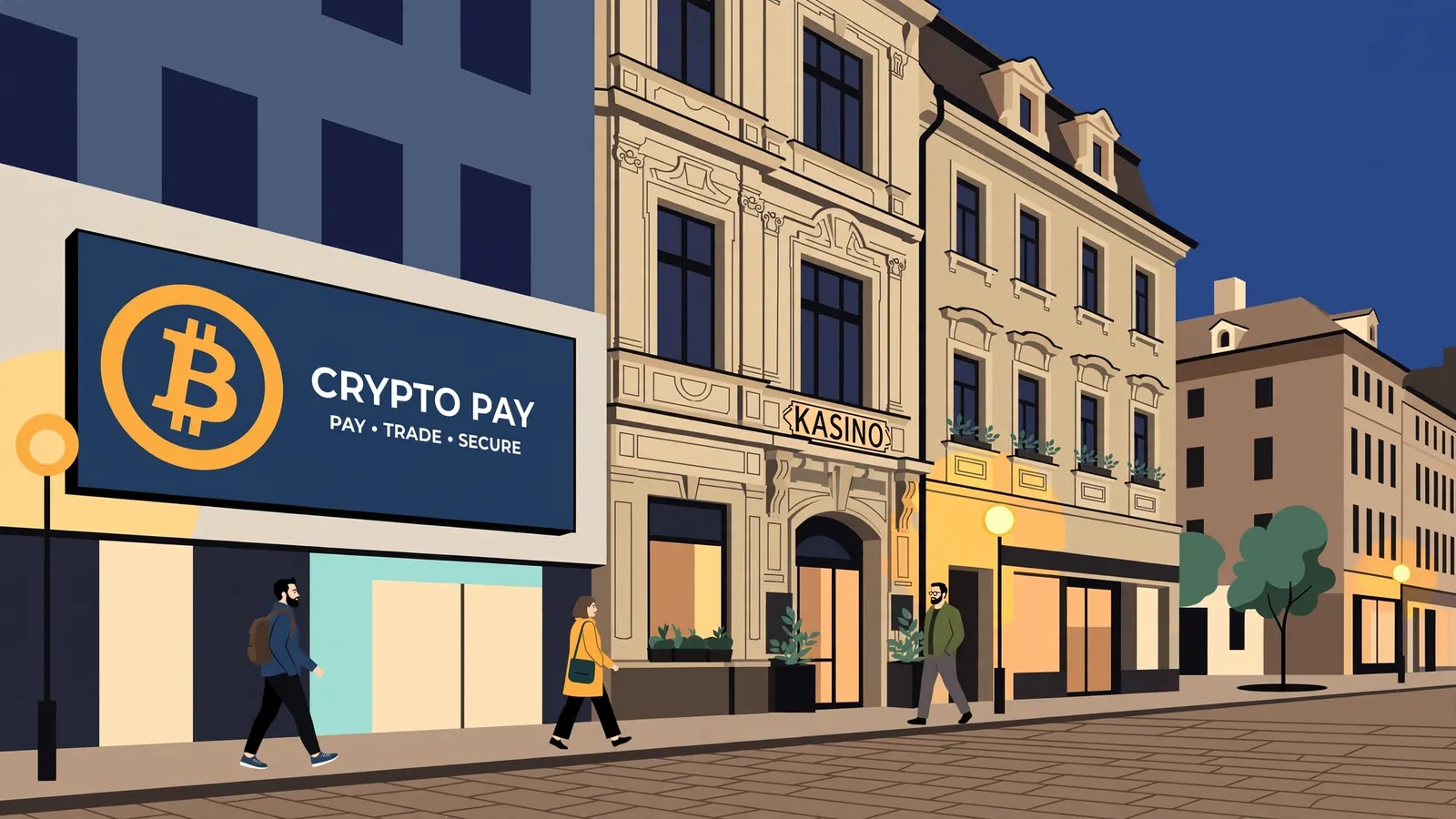 Ulice v Praze při soumraku s billboardem krypto kasina