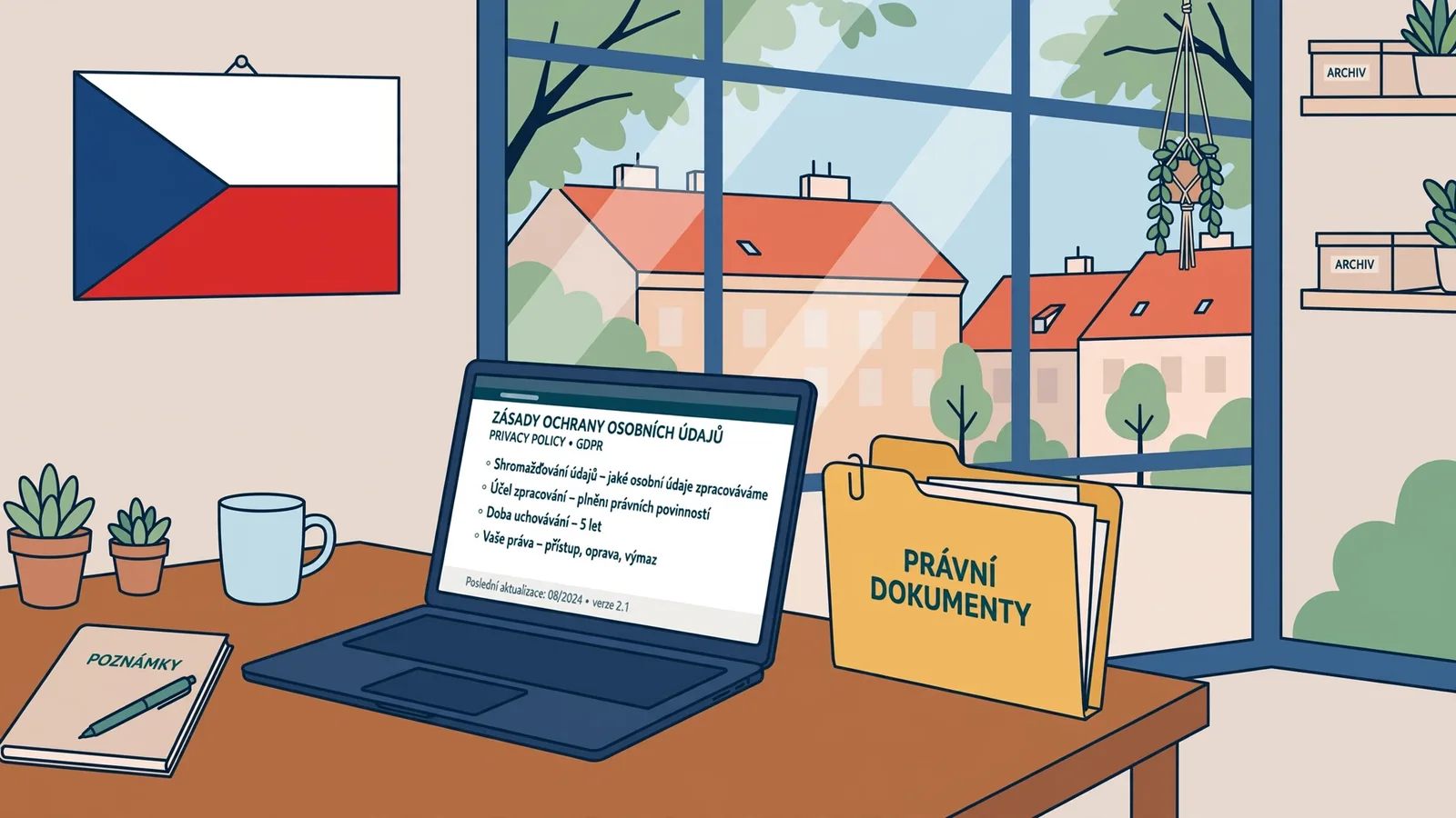 Moderní kancelář v Praze s laptopem a vlajkou ČR